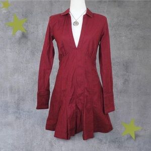 Pilcro Anthropologie Deep V-Neck Seamed Pleated Mini Red Denim Mini Dress 6